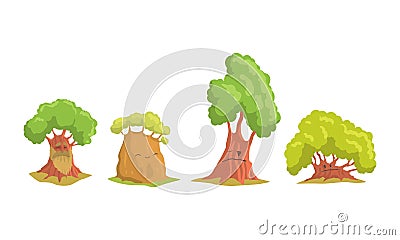 Funny Trees Cartoon Characters Collection, Humanized Trees with Cute Faces Showing Various Emotions Vector Illustration Vector Illustration