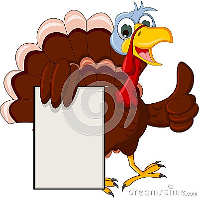 Funny turkey cartoon posing with blank sign Stock Photo