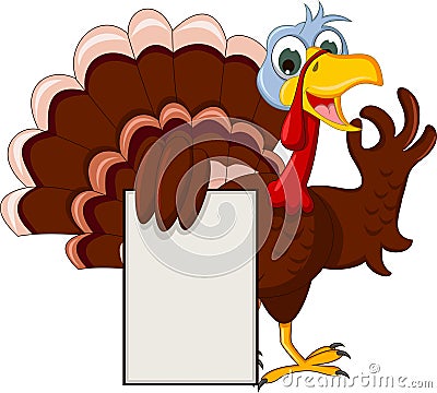 Funny turkey cartoon posing with blank sign Stock Photo