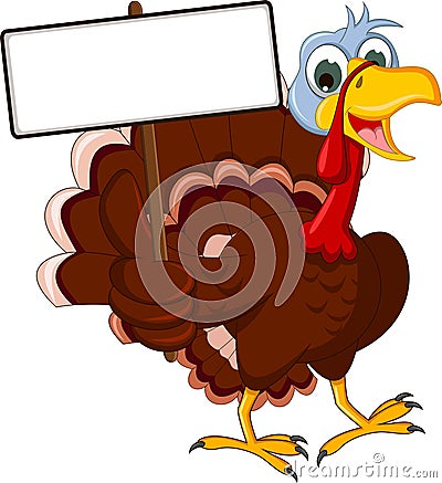 Funny turkey cartoon posing with blank sign Stock Photo