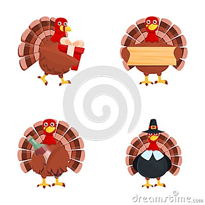 Funny turkey icons set cartoon . Cartoon character turkey bird Stock Photo