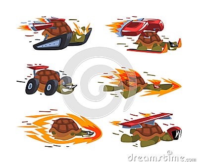 Funny Turtle Riding Fast with Rocket Booster Having Energy Moving Forward Vector Set Vector Illustration