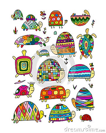 Funny turtles collection, sketch for your design Vector Illustration