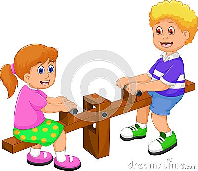 Funny two kids cartoon playing see saw Stock Photo