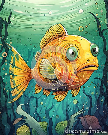 Big eye fish, ugly fish with exaggerated features, cartoon illustration Cartoon Illustration