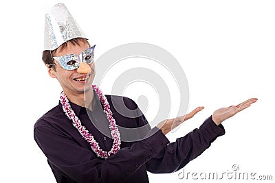 Funny ugly nerd man with party mask pointing Stock Photo