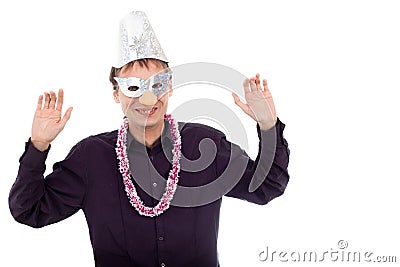 Funny ugly nerd man wearing party mask Stock Photo