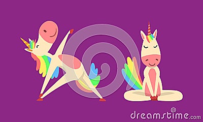 Funny Unicorn Character with Rainbow Mane and Tail Practicing Yoga Exercises Vector Set Vector Illustration