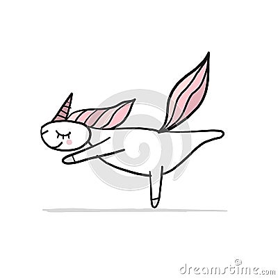 Funny Unicorn doing yoga, sketch for your design Vector Illustration