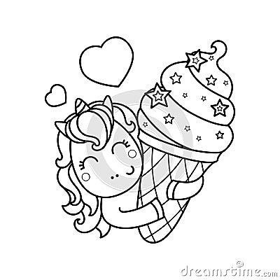 Funny unicorn with ice cream. Black and white linear image. Vector Vector Illustration