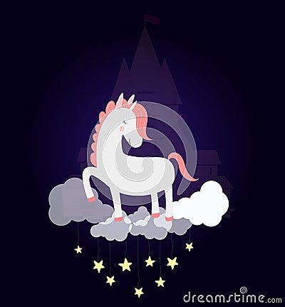 Funny unicorn sleep on cloud with dream castle Vector Illustration