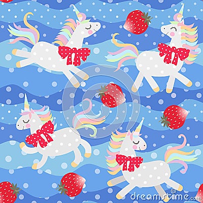 Funny unicorns with red bows and big strawberry berries on a blue polka dot background. Seamless print for fabric. Vector Vector Illustration