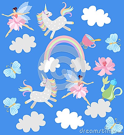 Funny unicorns, winged fairies, teapot with flowers, cup of tea, rainbow, clouds and butterflies on sky blue background in vector Vector Illustration