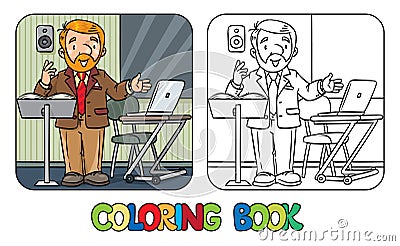 Funny university lecturer. Coloring book Vector Illustration