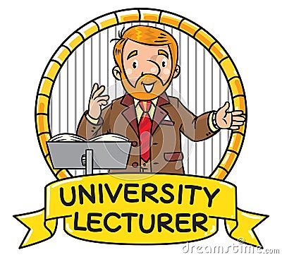 Funny university lecturer. Emblem Vector Illustration