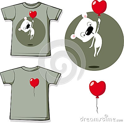 Funny valentine shirt printing with heart balloon and white polar teddy bear flat design Vector Illustration