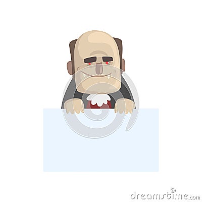 Funny vampire with blank sheet of paper. Cartoon count Dracula character with big teeth, red eyes and bald head. Flat Vector Illustration