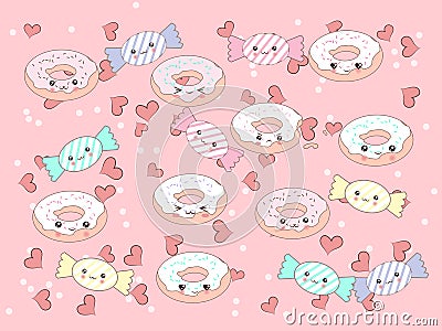 Funny vector background with cute cartoon donut and candy characters . Vector Illustration