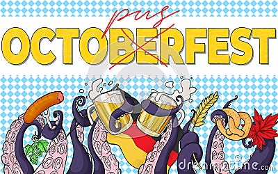Funny vector banner for octoberfest with octopus tentacles and beer Stock Photo