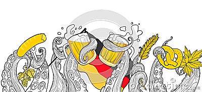 Funny vector banner for octoberfest with octopus tentacles and beer Cartoon Illustration