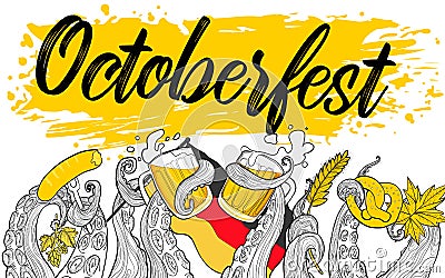 Funny vector banner for octoberfest with octopus tentacles and beer Stock Photo