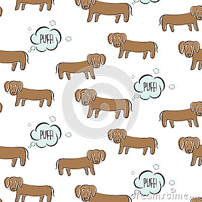 Funny vector dachshund illustration. Dog with surprised face. Cartoon puppy making gas, bad smell humor print. Ugly Vector Illustration