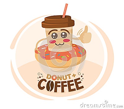 Funny vector illustration of cartoon character coffee cup wore a donut. Coffee shop concept Vector Illustration