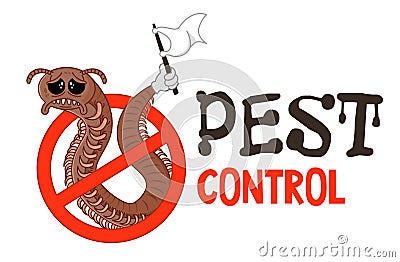 Funny vector illustration of pest control logo for fumigation business. Comic locked centipede or chilopoda surrenders. Design for Vector Illustration