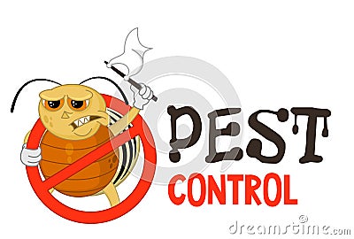 Funny vector illustration of pest control logo for fumigation business. Comic locked colorado potato beetle surrenders. Vector Illustration