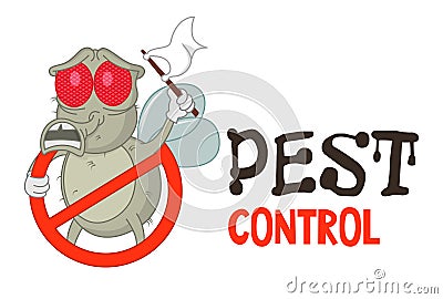 Funny vector illustration of pest control logo for fumigation business. Comic locked fly surrenders. Design for print, emblem. Vector Illustration