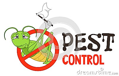 Funny vector illustration of pest control logo for fumigation business. Comic locked grasshopper or locust surrenders. Design for Vector Illustration