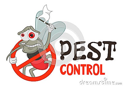 Funny vector illustration of pest control logo for fumigation business. Comic locked mosquito. Design for print, emblem, t-shirt. Vector Illustration