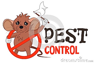 Funny vector illustration of pest control logo for fumigation business. Comic locked mouse surrenders. Design for print, emblem. Vector Illustration