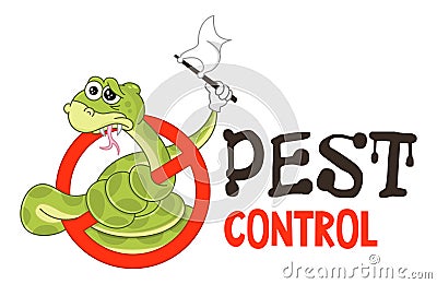 Funny vector illustration of pest control logo for fumigation business. Comic locked snake surrenders. Design for print, emblem, t Vector Illustration