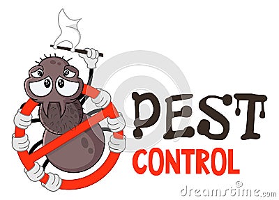 Funny vector illustration of pest control logo for fumigation business. Comic locked spider. Design for print, emblem, t-shirt. Vector Illustration