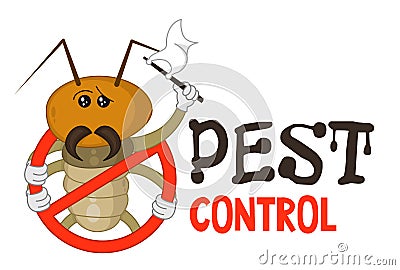 Funny vector illustration of pest control logo for fumigation business. Comic locked termite surrenders. Design for print, emblem. Vector Illustration