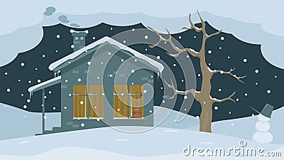 Funny Vector Image Of A Winter Landscape With A House In Which A Cat Looked Out Of The Window At A Bird On A Tree Vector Illustration