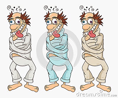 Funny vector isolated psychopath in a straitjacket with a mad smile in three colors mode. Madman with broken mind. Vector Illustration