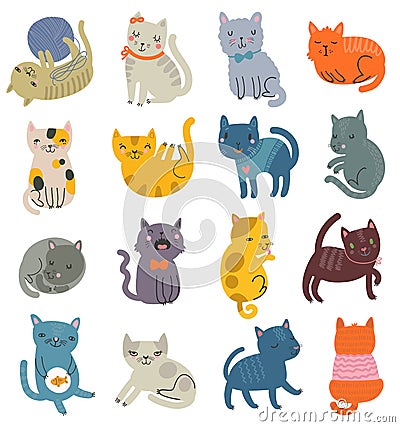 Funny vector set of cats. Collection of cute characters Vector Illustration