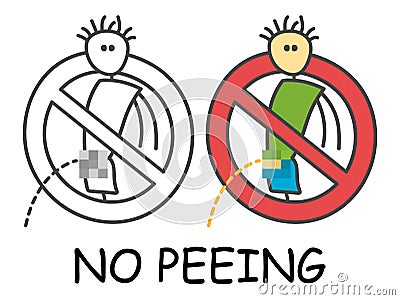 Funny vector standing stick man peeing in children`s style. No urinating no pee sign red prohibition. Stop symbol. Vector Illustration