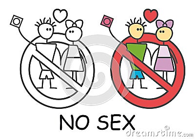 Funny vector stick man with a woman in doodle style. No sex no love sign red prohibition. Stop symbol. Prohibition icon sticker. Vector Illustration