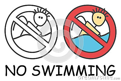 Funny vector stick swimmer in children`s style. No swimming sign red prohibition. Stop symbol. Prohibition icon sticker. Vector Illustration