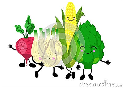 Funny vegetables - artichoke, corn, radish. Characters for children`s posters and study guides.vegetables characters Stock Photo
