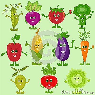 Funny vegetables characters set with faces. Cute healthy collection in flat style. Stock illustration Cartoon Illustration