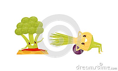 Funny Vegetables Doing Sport and Physical Exercise Vector Set Stock Photo