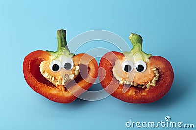 Funny vegetables for kids. Cheerful Peppers with eyes and smiles. Food for kids concept Stock Photo