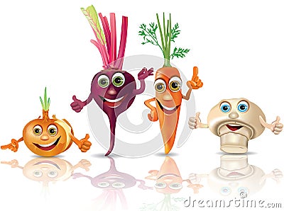 Funny vegetables_onion, beet, carrot, mushroom Vector Illustration