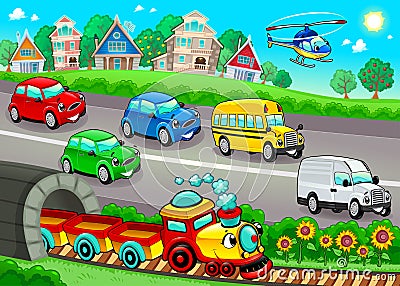 Funny vehicles in the town Vector Illustration