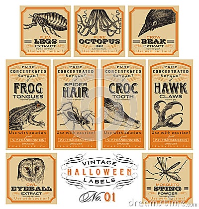 Funny vintage Halloween apothecary labels - set 01 (vector) Vector Illustration