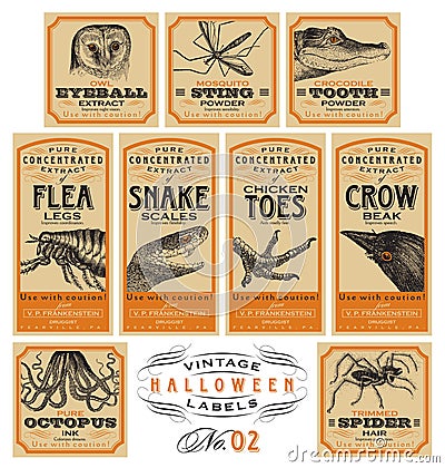 Funny vintage Halloween apothecary labels - set 02 (vector) Vector Illustration